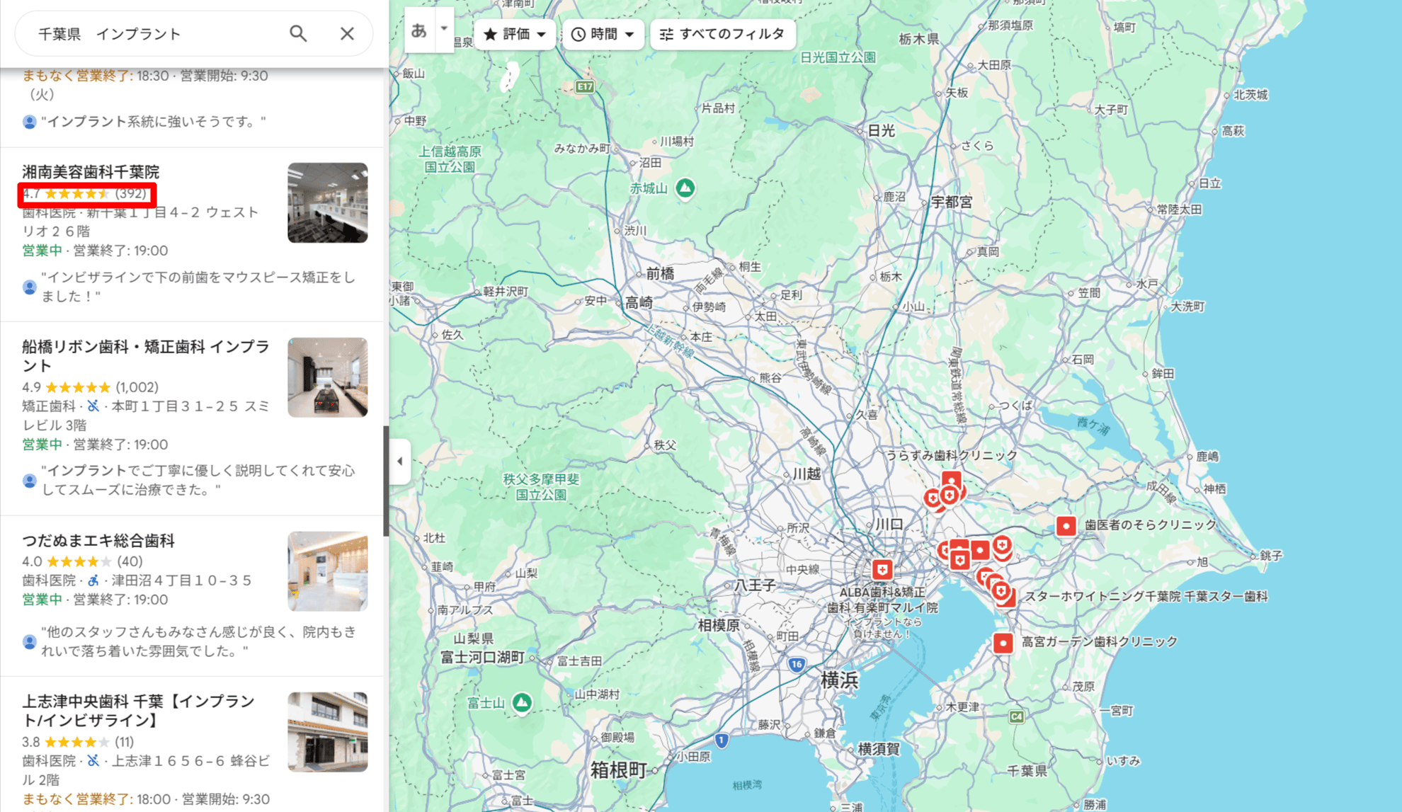 千葉エリアにあるインプラント治療ができるクリニックのGoogle口コミ評価