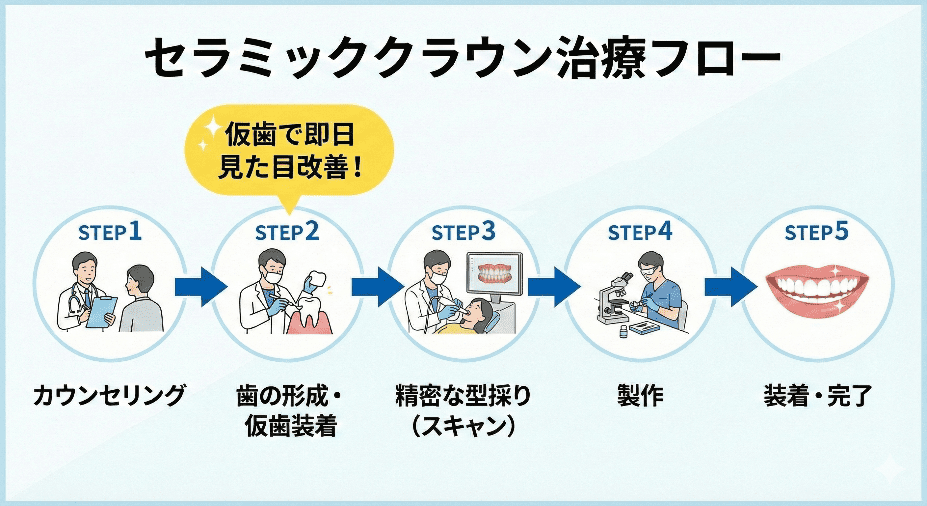 セラミッククラウン法による治療の流れ（最短5ステップ）