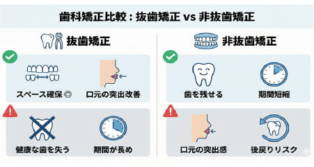 抜歯矯正と非抜歯矯正のメリット・デメリット比較図(スペース確保、口元の変化、治療期間、リスクの比較)