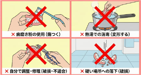 入れ歯のケアでやってはいけないこと（歯磨き粉、熱湯、自分で曲げる、落とす）の警告イラスト