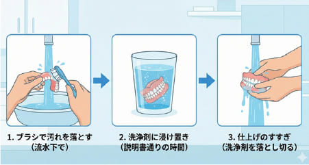 入れ歯の正しい洗い方3ステップ（1.ブラシで洗う、2.洗浄剤に浸ける、3.すすぐ）のイラスト図解