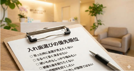 自分に合った入れ歯を選ぶための確認チェックリスト（審美性、費用、耐久性、機能性の優先順位）