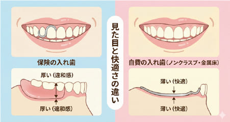 保険の入れ歯と自費の入れ歯(ノンクラスプデンチャー、金属床)の見た目と厚みの比較