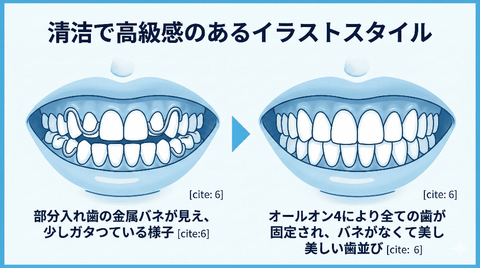 入れ歯の悩み（ガタツキ、金属バネ）と、オールオン4による固定・自然な見た目のビフォーアフター比較