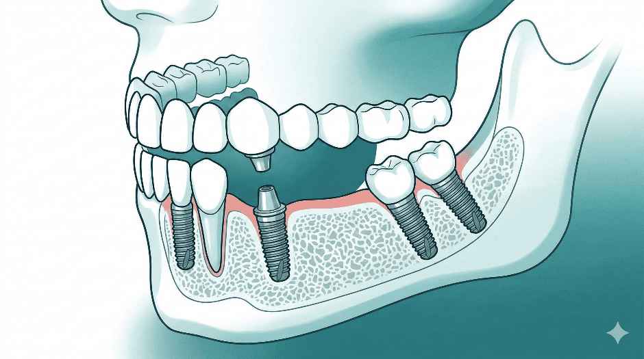 4本のインプラント（うち2本は傾斜埋入）が、一体型の全ての歯を支える仕組みの図解