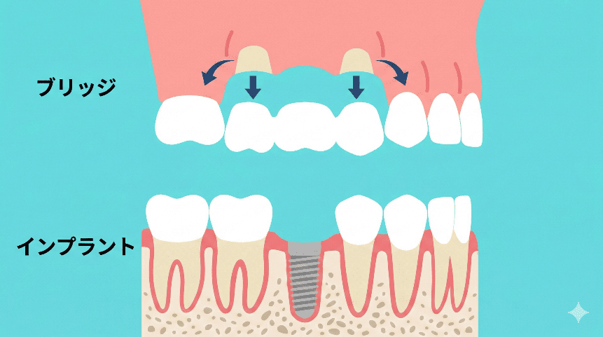 ブリッジが隣の歯を削る様子と、独立したインプラント構造の比較图